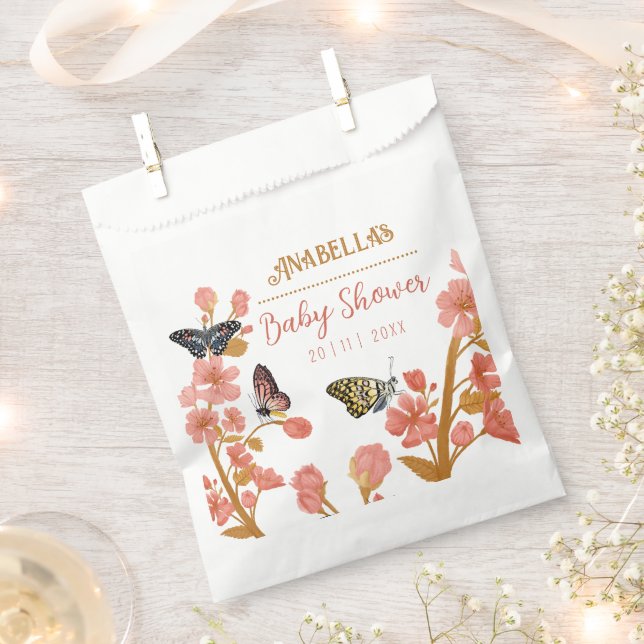 Cute Pink Butterfly Baby Shower Floral Favour Bag (Clipped)