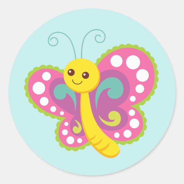 Cute Pink Butterfly Classic Round Sticker (Front)