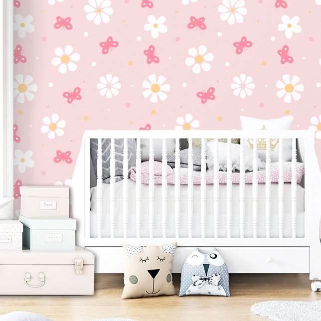 Cute Pink Butterfly Daisy Girl Kids Floral Wallpaper (Cute Pink Butterfly Daisy Girl Kids Floral Wallpaper)