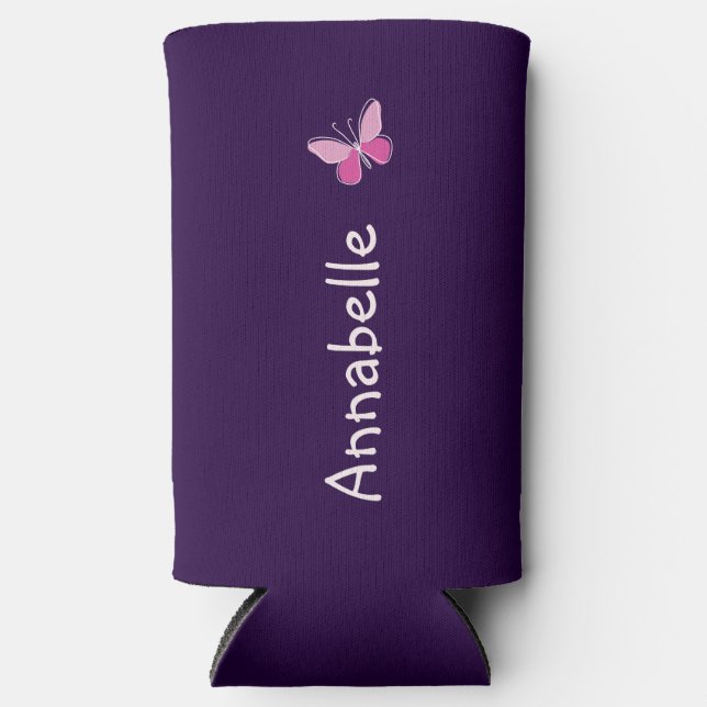 Cute Pink Butterfly Doodle Your Name Seltzer Can Cooler (Front)