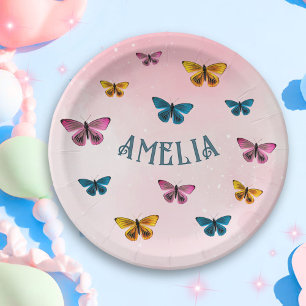 Cute Pink Butterfly Girl Birthday Party  Paper Plate