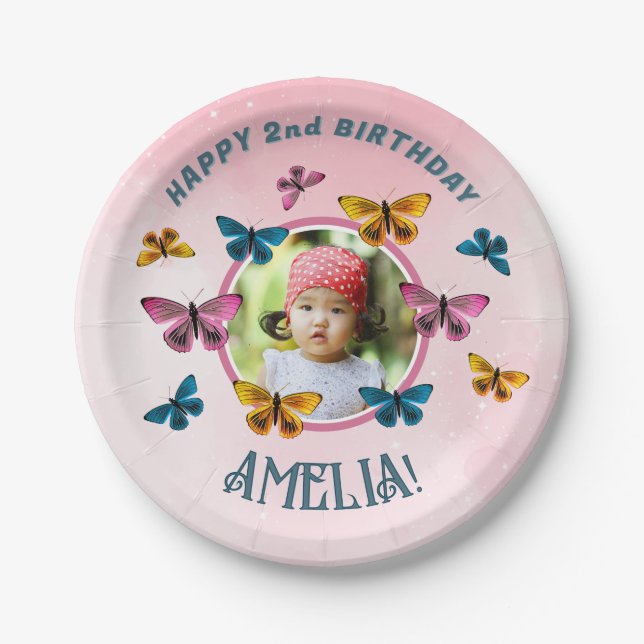 Cute Pink Butterfly Girl Birthday Party Photo Paper Plate (Front)