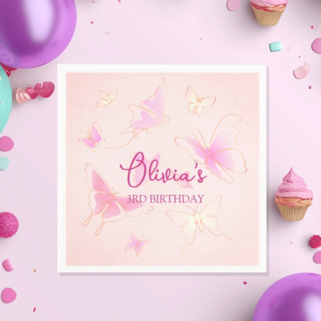 Cute Pink Butterfly Girls Birthday Party Napkin (Creator Uploaded)