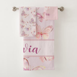 Cute Pink Butterfly Girls Personalized Towel Set