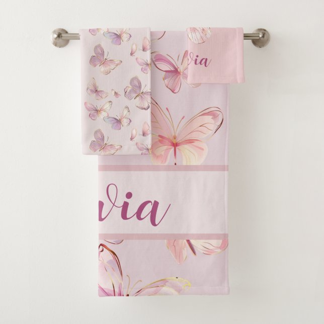 Cute Pink Butterfly Girls Personalized Towel Set (Insitu)