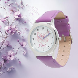 Cute Pink Butterfly Girls Personalized Watch