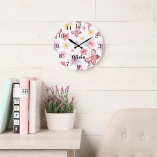Cute Pink Butterfly Monogram Large Clock