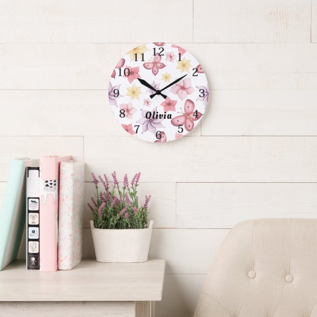 Cute Pink Butterfly Monogram Large Clock (Reading Room)