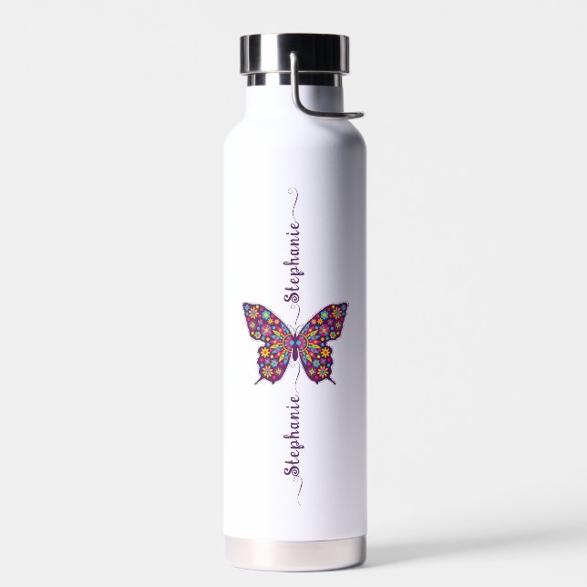 Cute Pink Butterfly Name Minimalist Personalised  Water Bottle (Left)