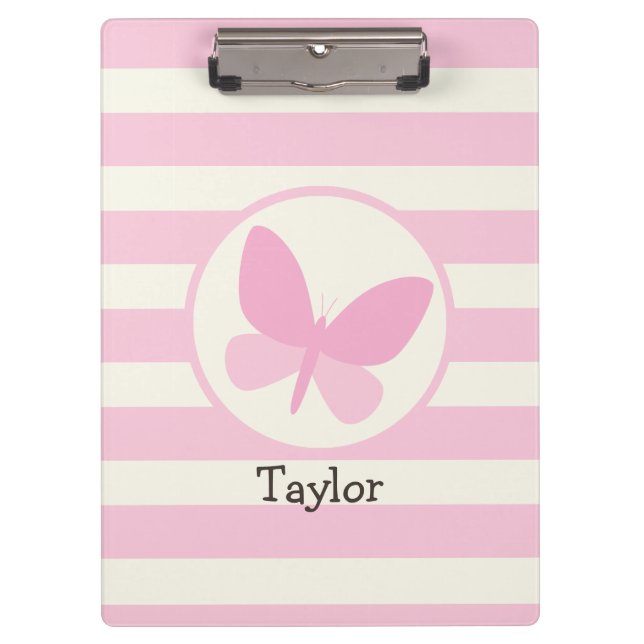 Cute Pink Butterfly on Retro Stripes Clipboard (Front)