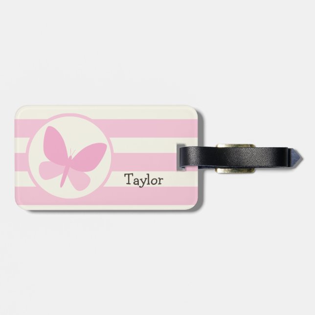 Cute Pink Butterfly on Retro Stripes Luggage Tag (Back Horizontal)