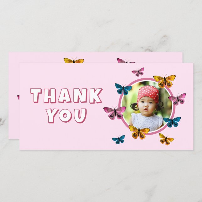 Cute Pink Butterfly Pattern Birthday Photo Thank You Card (Front/Back)