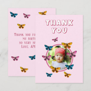 Cute Pink Butterfly Pattern Birthday Photo Thank You Card