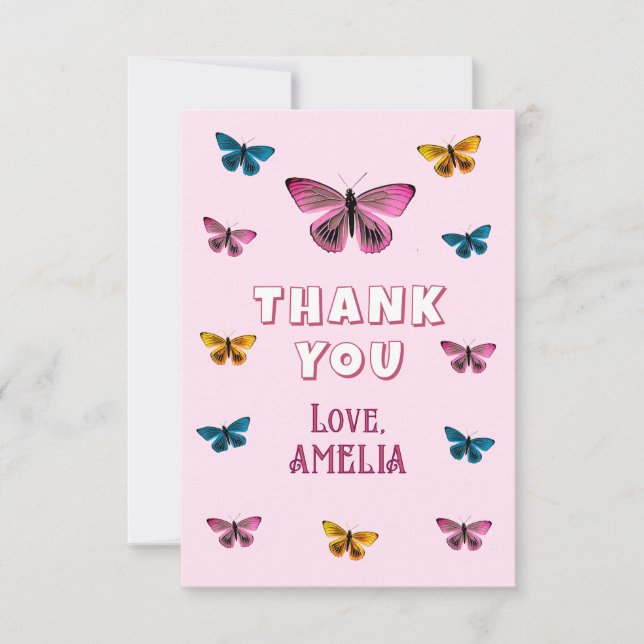 Cute Pink Butterfly Pattern Birthday Thank You Card (Front)