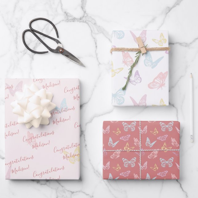 Cute Pink Butterfly Pattern Custom Baby Shower Wrapping Paper Sheet (Front)