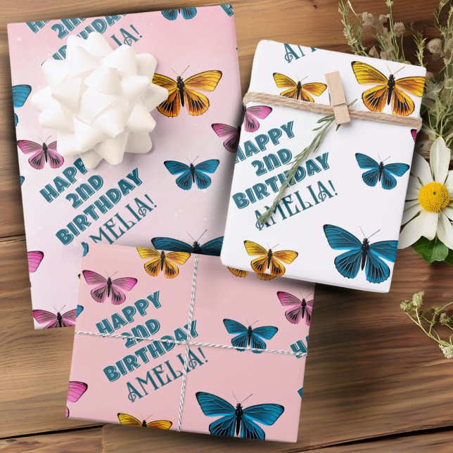 Cute Pink Butterfly Pattern Girl Birthday Wrapping Paper Sheet (Creator Uploaded)