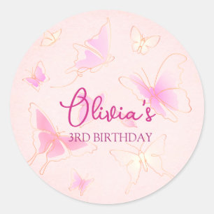 Cute Pink Butterfly Personalized Round Stickers