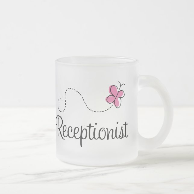 Cute Pink Butterfly Receptionist Frosted Glass Coffee Mug (Right)