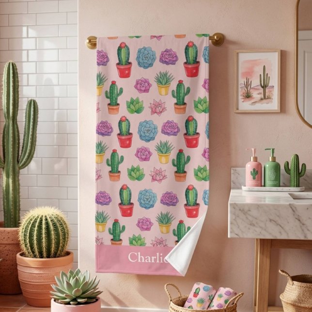 Cute Pink Cactus Bath Towel (Creator Uploaded)