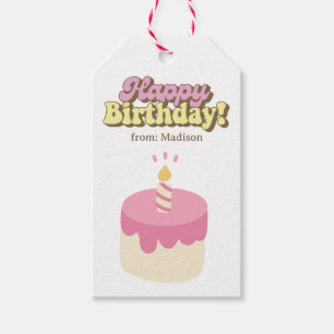Cute Pink Cake And Candle Happy Birthday Gift Tags