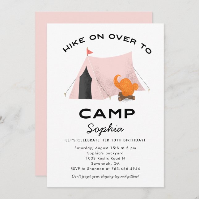 Cute Pink Camping Birthday Party Invitation (Front/Back)