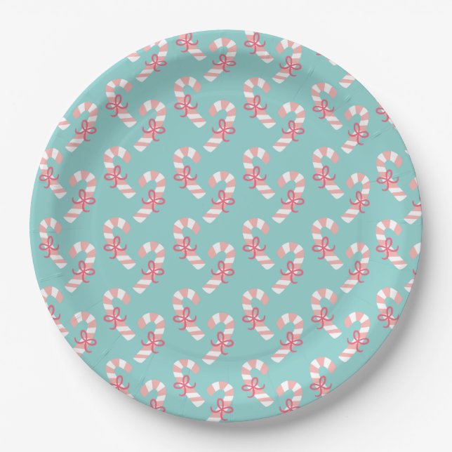 Cute Pink Candy Cane Pattern - Aqua Blue Christmas Paper Plate (Front)