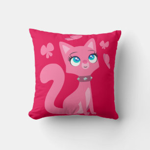 Cute Pink Cartoon Cat and Butterflies Cushion