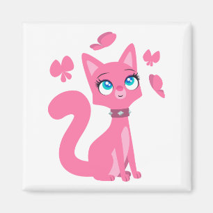 Cute Pink Cartoon Cat and Butterflies Magnet
