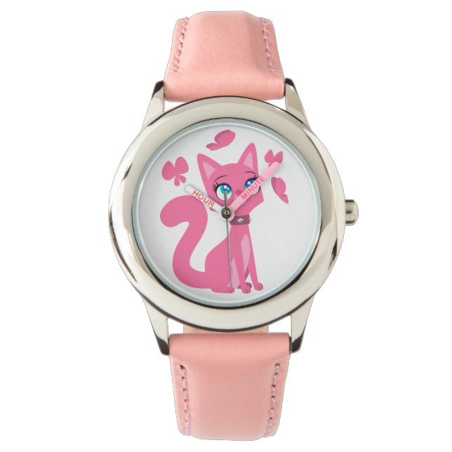 Cute Pink Cartoon Cat and Butterflies Watch (Front)