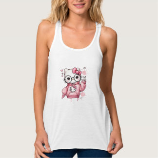 Cute Pink Cartoon Cat Glasses T-Shirt Singlet