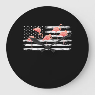 Cute Pink Cartoon Flamingo USA Flag 4th Of July Large Clock