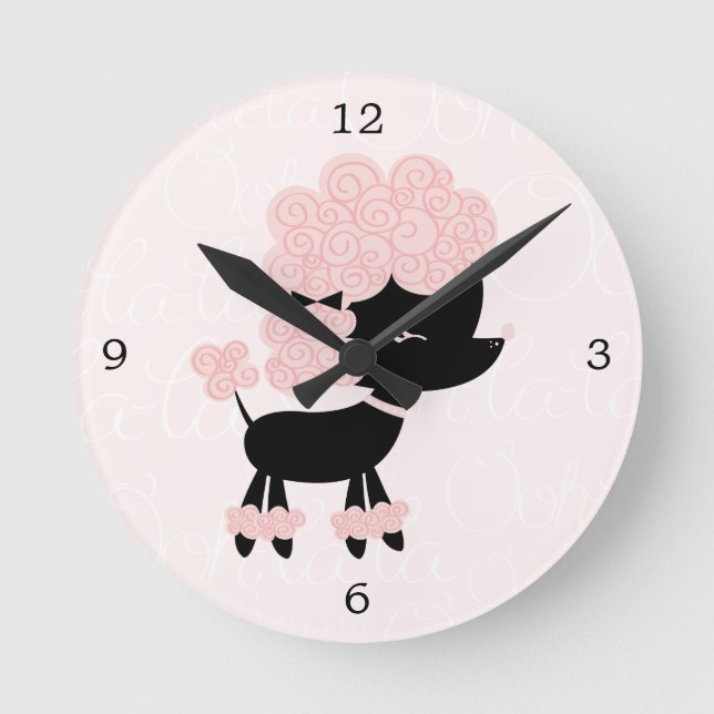 Cute Pink Cartoon French Poodle Round Clock (Front)