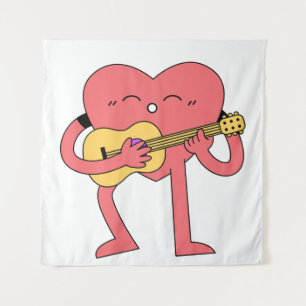 Cute Pink Cartoon Heart Playing Music Guitar Clip  Tapestry