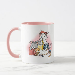 Cute Pink Cartoon Kitten Christmas Mug