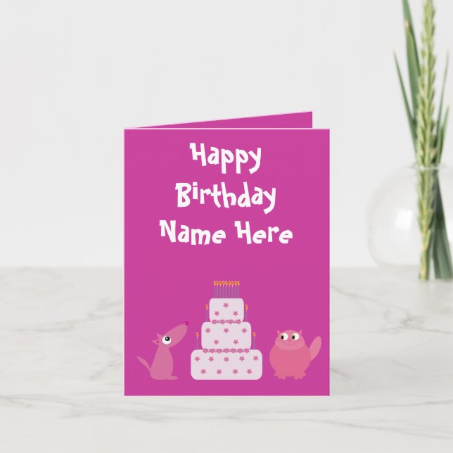Cute Pink Cartoon Pets Birthday Animal Charity Card (Front)