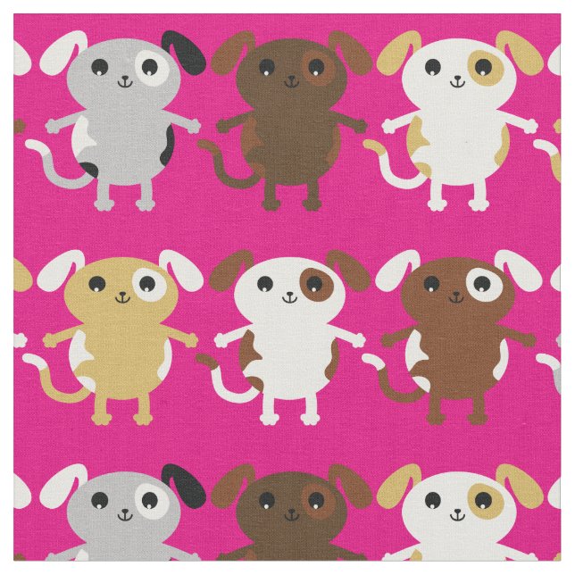 Cute Pink Cartoon Puppy Dogs Kids Fabric (Close Up)