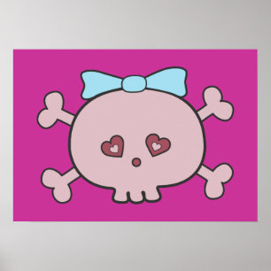 Cute Pink Cartoon Skull With Ribbon Poster