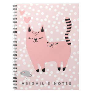 Cute Pink Cat and Polkadots - Kids Notebook