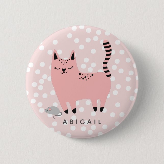 Cute Pink Cat and Polkadots - Personalised Girls  6 Cm Round Badge (Front)