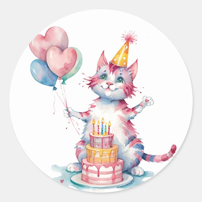Cute Pink Cat Birthday Cake - Birthday Classic Round Sticker (Front)