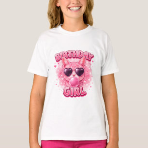 Cute Pink Cat Birthday Girl with Heart Sunglasses T-Shirt