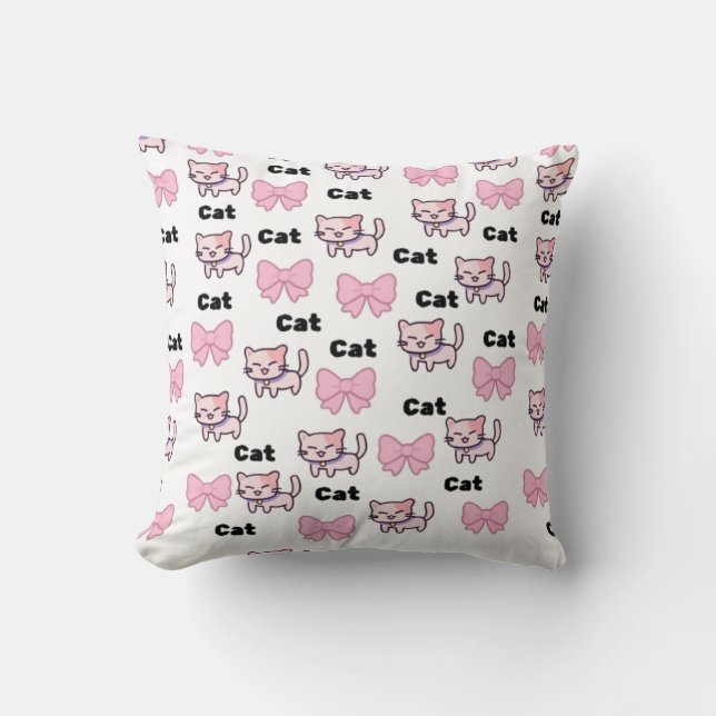 Cute Pink Cat & Bow Pattern Cushion (Front)
