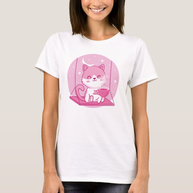 Cute Pink Cat Coffee, Kitten Swing Caffeine Drink T-Shirt (Front)