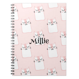Cute Pink Cat Custom Name School Notebook