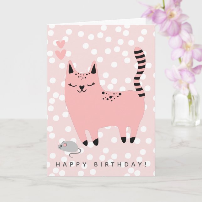 Cute Pink Cat Kids Birthday  Card (Orchid)