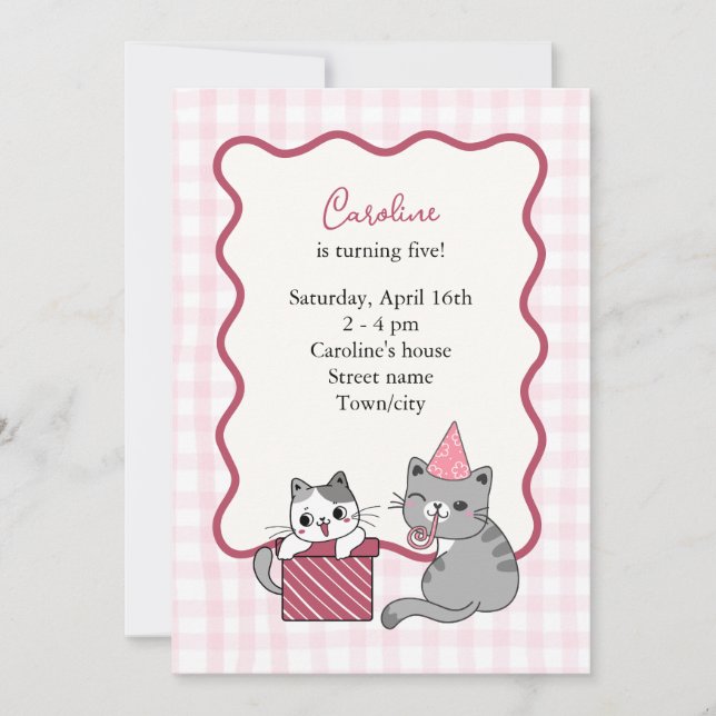 Cute Pink Cat Kid's Birthday Party Invitation (Front)