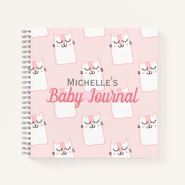 Cute Pink Cat Pattern Personalised Baby Girl Notebook (Front)