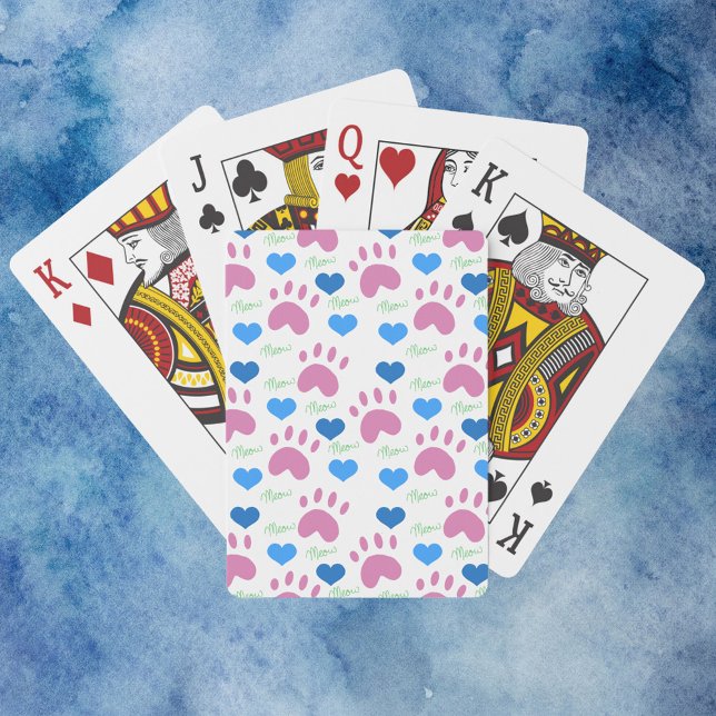 Cute Pink Cat Paw Prints Blue Hearts Meow Playing Cards (A deck of playing cards with a pattern of paw prints, hearts and meows.)