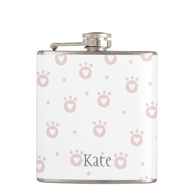 Cute Pink Cat Paws with Hearts |  Personalised Hip Flask (Front)