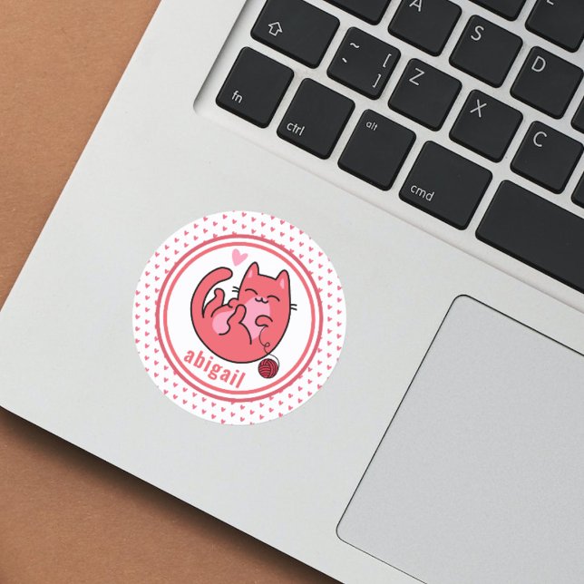 Cute Pink Cat | Personalised Kids  Classic Round Sticker (Creator Uploaded)